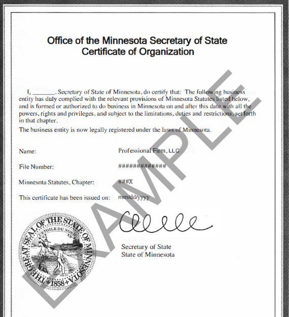 Office of the Minnesota Secretary of State Certificate of Organization sample
