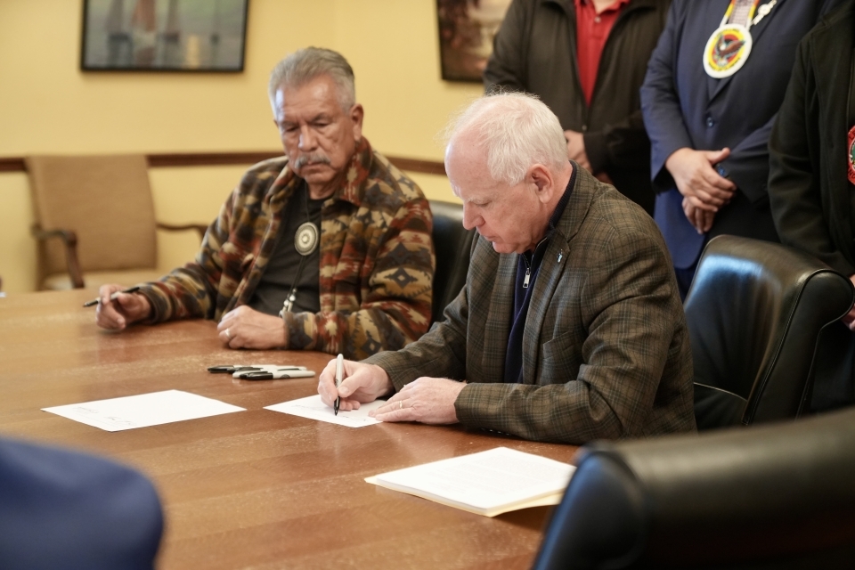 Governor Walz and Leech Lake Band Chairman Faron Jackson sign cannabis compact