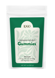 cannabis infused gummies packaging, 10 count, 5 mg THC per serving (50 mg total THC)