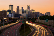 View of highways leading to downtown Minneapolis Minnesota during sunset