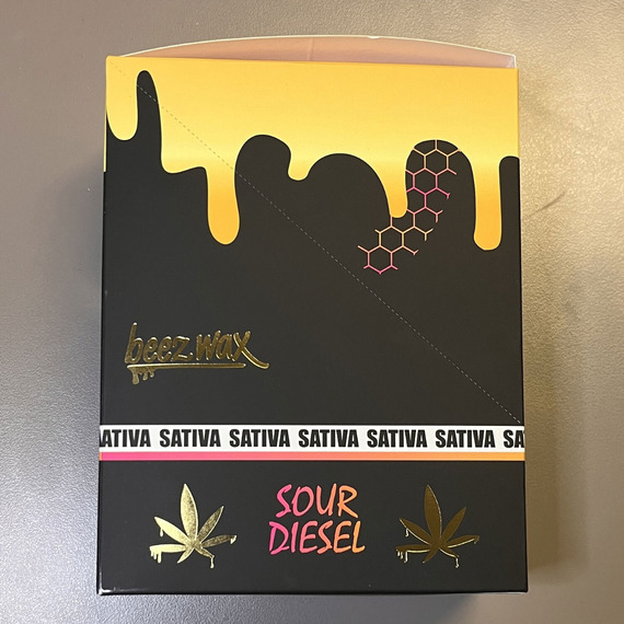 Outer box for Beezwax vape packaging showing only the flavor, Sour Diesel, and that the product is sativa.