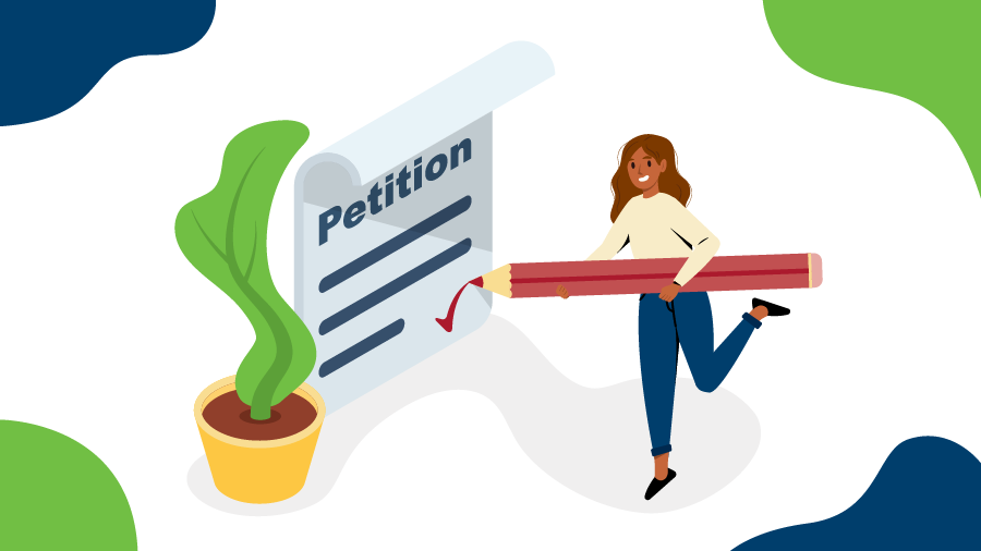 Graphic of woman with huge pencil signing petition