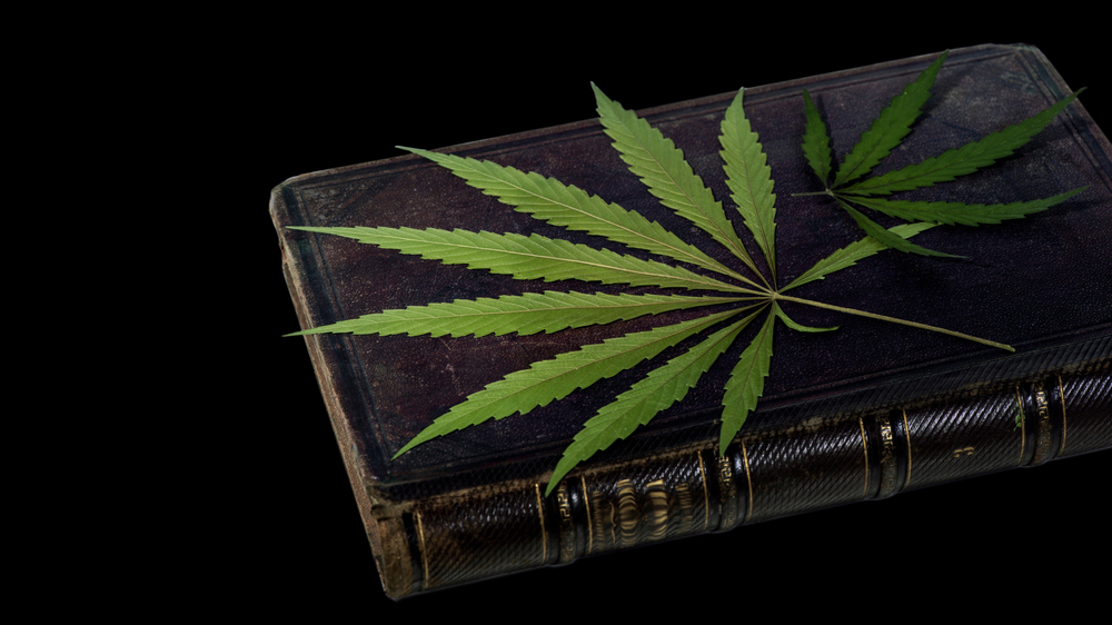 antique book and cannabis leaf