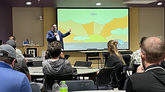 Eric speaking at Mankato listening tour Q and A