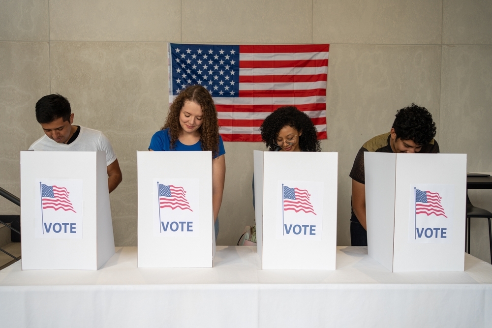 us election, diverse group of people voting, america usa voting station booth
