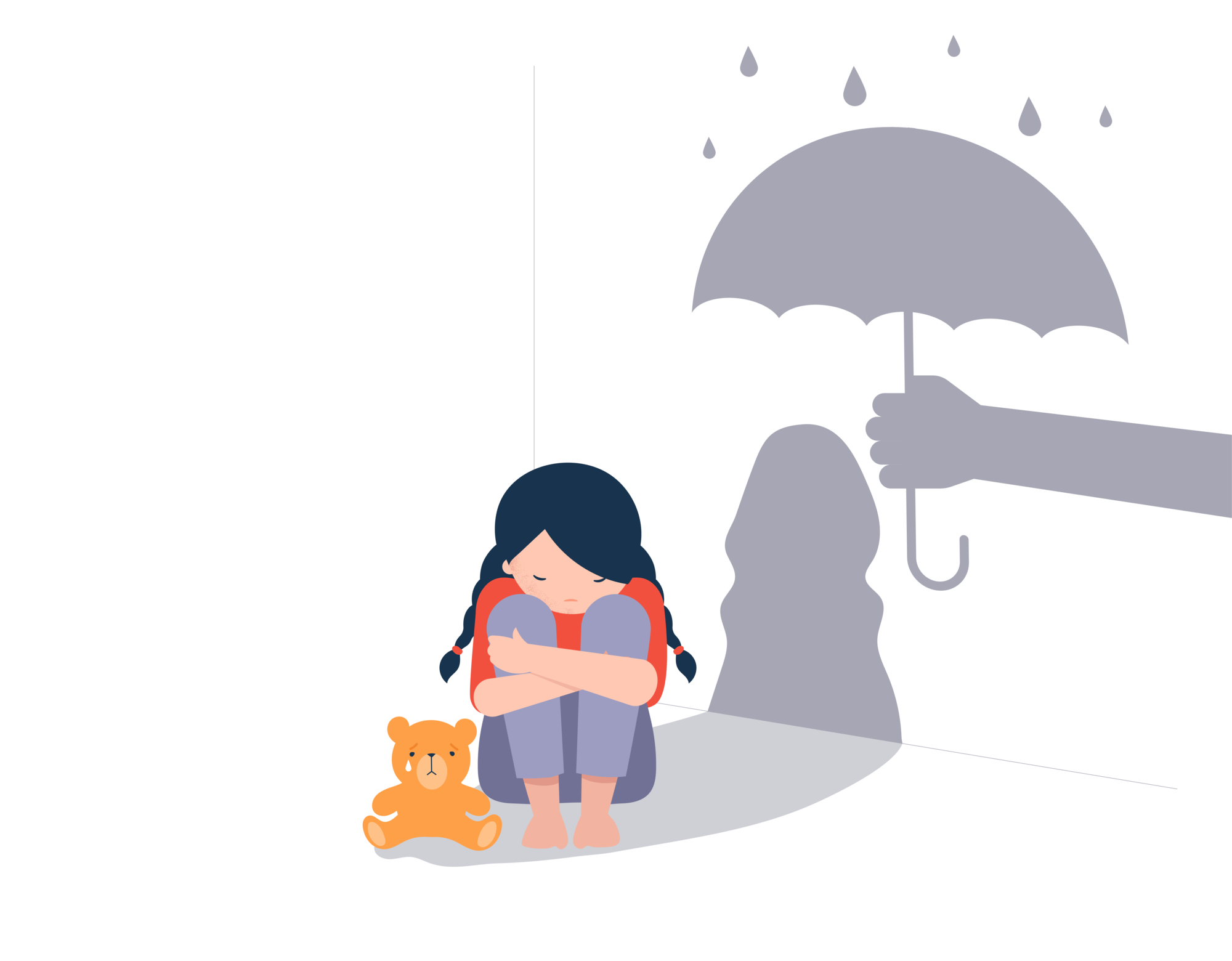 illustration of sad girl sitting on the floor and and a hand with an umbrella that protects her