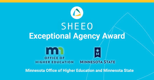 SHEEO Exceptional Agency Award - Light blue graphic with Office of Higher Education and Minnesota State Colleges and Universities logos