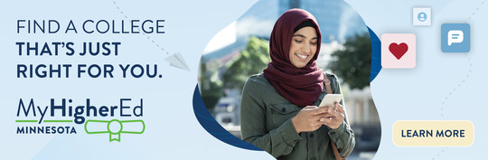 Light blue graphic that reads "Find a college that's just right for you" with MyHigherEd logo featuring a female student wearing a hijab.