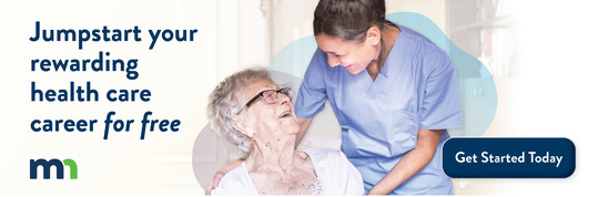 "Jumpstart your rewarding health care career for free" with photo of nurse and senior in retirement home. Button reads Get Started Today.