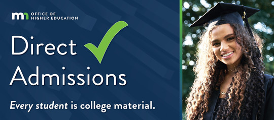 Blue graphic that reads "Direct Admissions - Every student is college material" with female graduate
