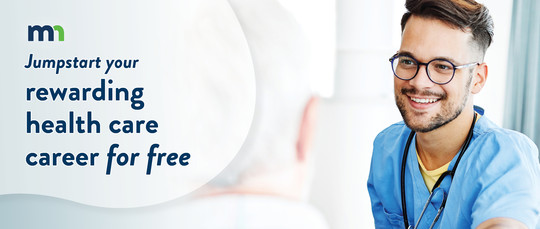 "Jumpstart your rewarding health care career for free" with photo of male nurse