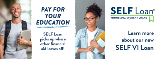 SELF Loan graphic reads "Pay for your education. Self Loan picks up where other financial aid leaves off." with two students. Learn More.