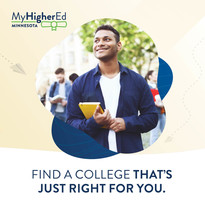 MyHigherEd graphic with smiling male student. Reads "Find a college that's just right for you."