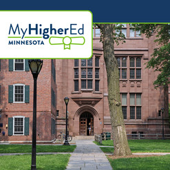 MyHigherEd graphic with logo, background image of a brick building on a college campus
