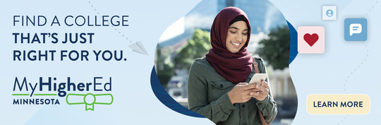 MyHigherEd graphic with student wearing hijab smiling on college campus. Reads "Find a college that's just right for you." and "Learn More"
