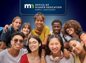 MN Office of Higher Ed Logo - Direct Admissions featuring diverse group of 8 high school students smiling