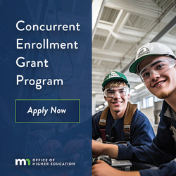 Text reads: Concurrent Enrollment Grant Program, Apply Now. OHE Logo. Features two male students in Career and Technical Education class.