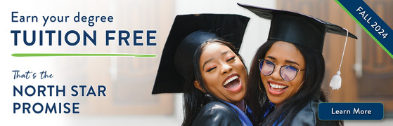 Reads "Earn your degree tuition free. That's the North Star Promise." Features two female students graduating and celebrating. Learn more button. 