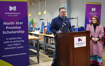 OHE Commissioner Olson speaks at a press conference held at Minneapolis College on Feb. 15; Lt. Gov. Peggy Flanagan pictured to his left.