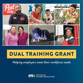 Dual Training Grant, image of six industries including manufacturing, agriculture, health care, IT, child care, transportation, and legal cannabis