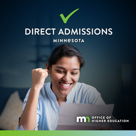 Direct Admissions graphic featuring student celebrating while reading letter, reads "Direct Admissions Minnesota" with OHE logo