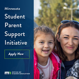 Student Parent Support Initiative graphic, reads "Apply Now." Features photo of mother and her toddler child.