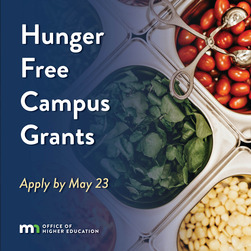 Hunger Free Campus Grants graphic, reads "Apply by May 23." Features photo of salad bar.
