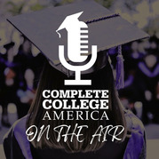 Reads "Complete College America On The Air" features microphone icon with grad cap; text overlaid on image of back of female graduate's head