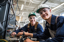 Two male students in career and technical education classroom, smiling while working on a electrical project