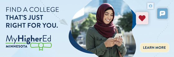 MyHigherEd graphic with student wearing hijab, smiling on college campus. Reads "Find a college that's just right for you." and "Learn More"