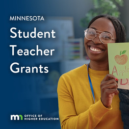 Minnesota Student Teacher Grants, features photo of black female teacher who is wearing glasses, smiling and holding A for Apple card