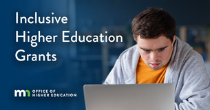 Inclusive Higher Education Grants graphic, features male student working on laptop