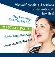 Ready Set FAFSA. Woman yelling with her hand next to her face and words all around.