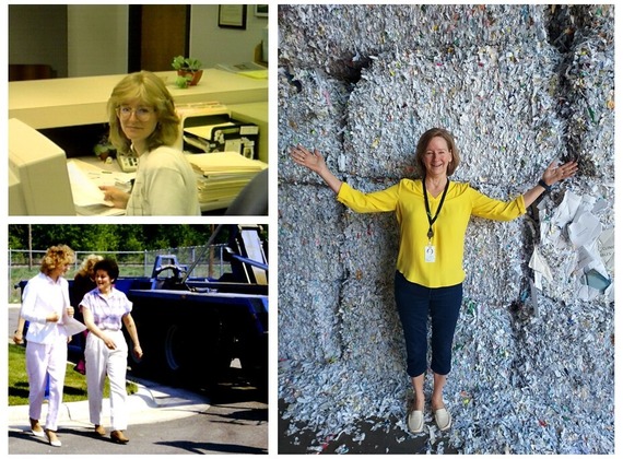 Sharon standing in front of bales of paper for recycling, sitting behind a desk early in her career, and walking with a coworker in the 1990s