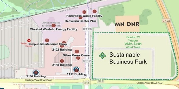 Map of Energy Park depicting its location across the street from the Olmsted County Government Campus