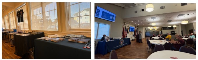 Pictures of information booth and Jennifer Shumaker at the podium