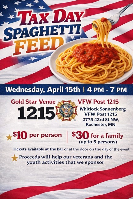 Flyer for Tax Feed Spaghetti Day at VFW Post 1215