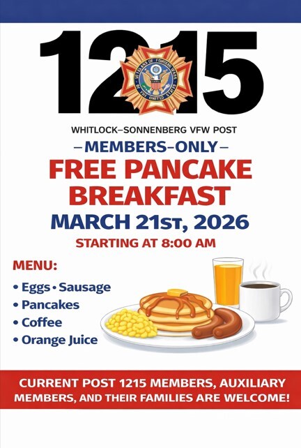 Flyer for Free Pancake Breakfast at VFW Post 1215