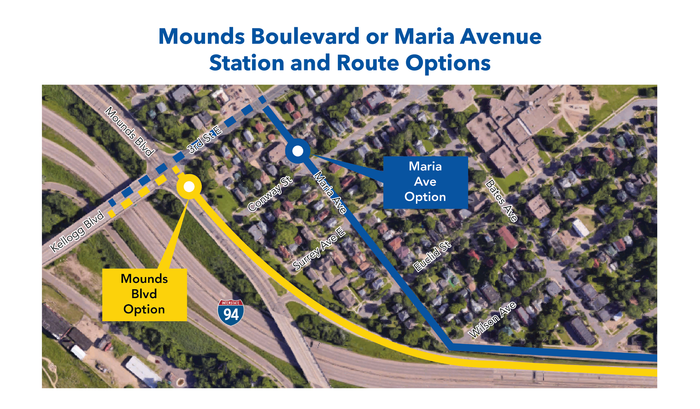 Mounds Boulevard or Maria Avenue Station and route options
