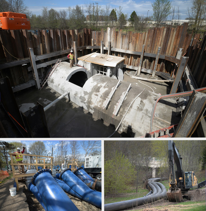 Collage of three photos of ES sewer project near Minnehaha Falls.