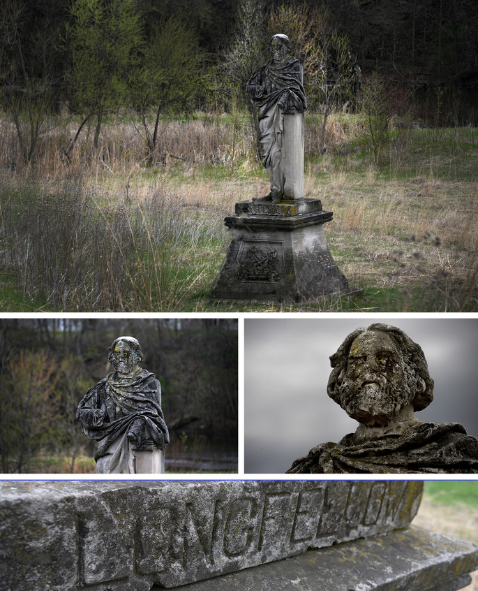Collage of photos of very old Henry Wadsworth statue.