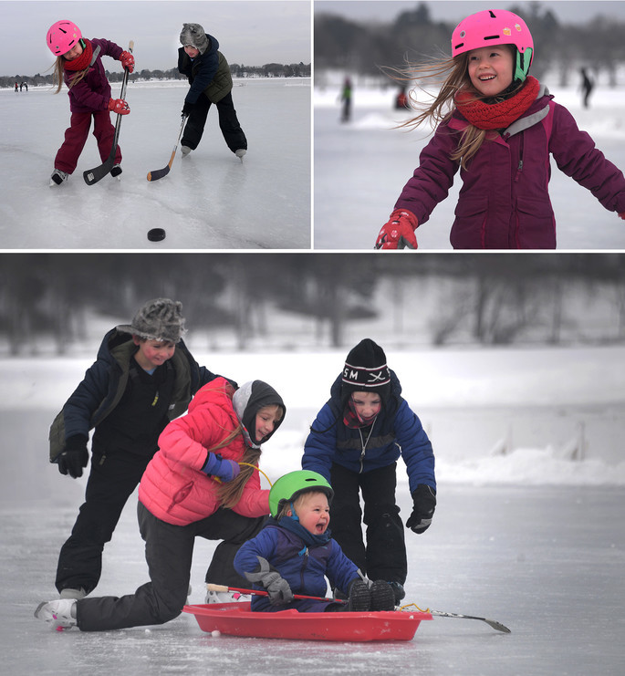 Kids ice skating on Lake Nokomis collage