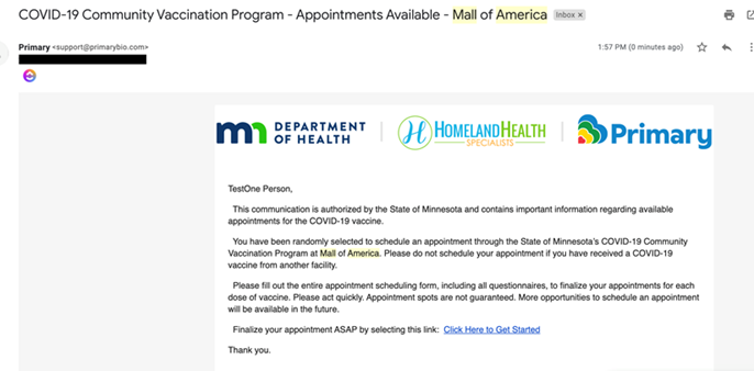 Sample Homeland Health email for MOA vaccine clinic