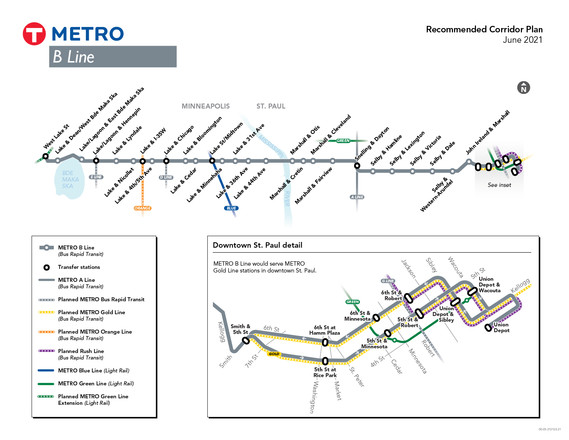 a map of the METRO B Line route from West Lake Station in Minneapolis to Union Depot in downtown St. Paul