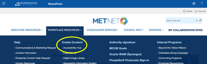 Accessibility Hub in the MetNet menu