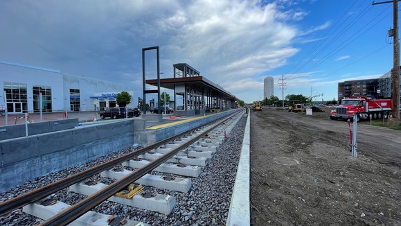 View of the first LRT track installation near the Downtown Hopkins Station
