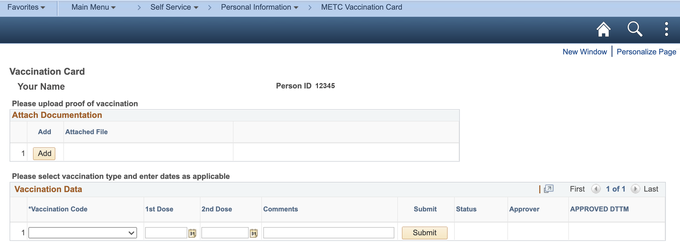 ESS Proof of Vaccination Form page