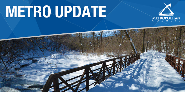 Metro Update banner image: Snowy bridge over Nine Mile Creek