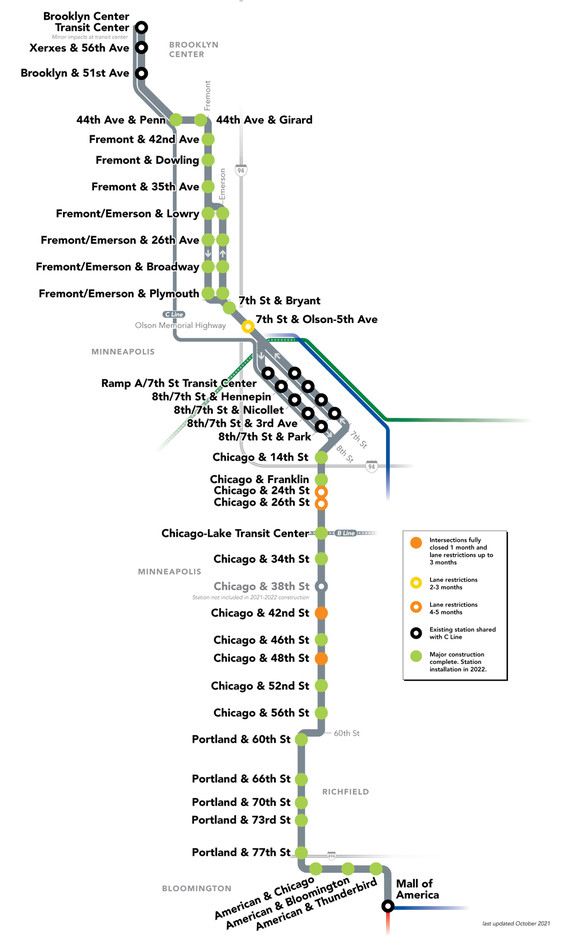 a map of the METRO D Line route from Brooklyn Center to MOA. Each station has an indicator of it's construction progress