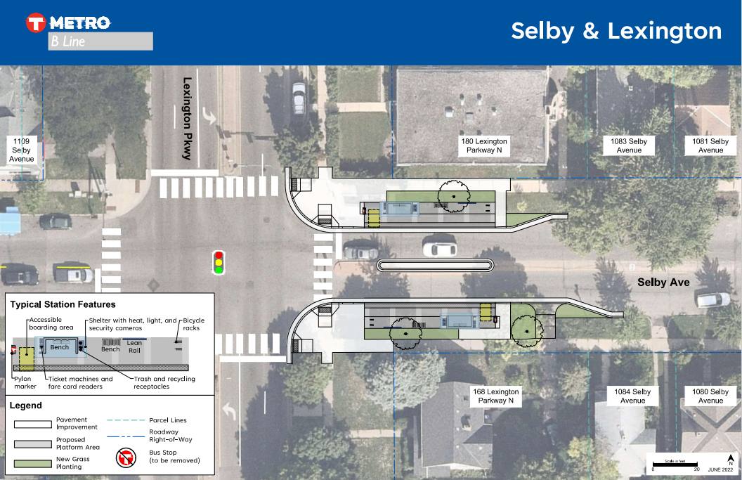 a top-down view of the intersection of Selby & Lexington with B Line improvements shown at the nw and sw corners